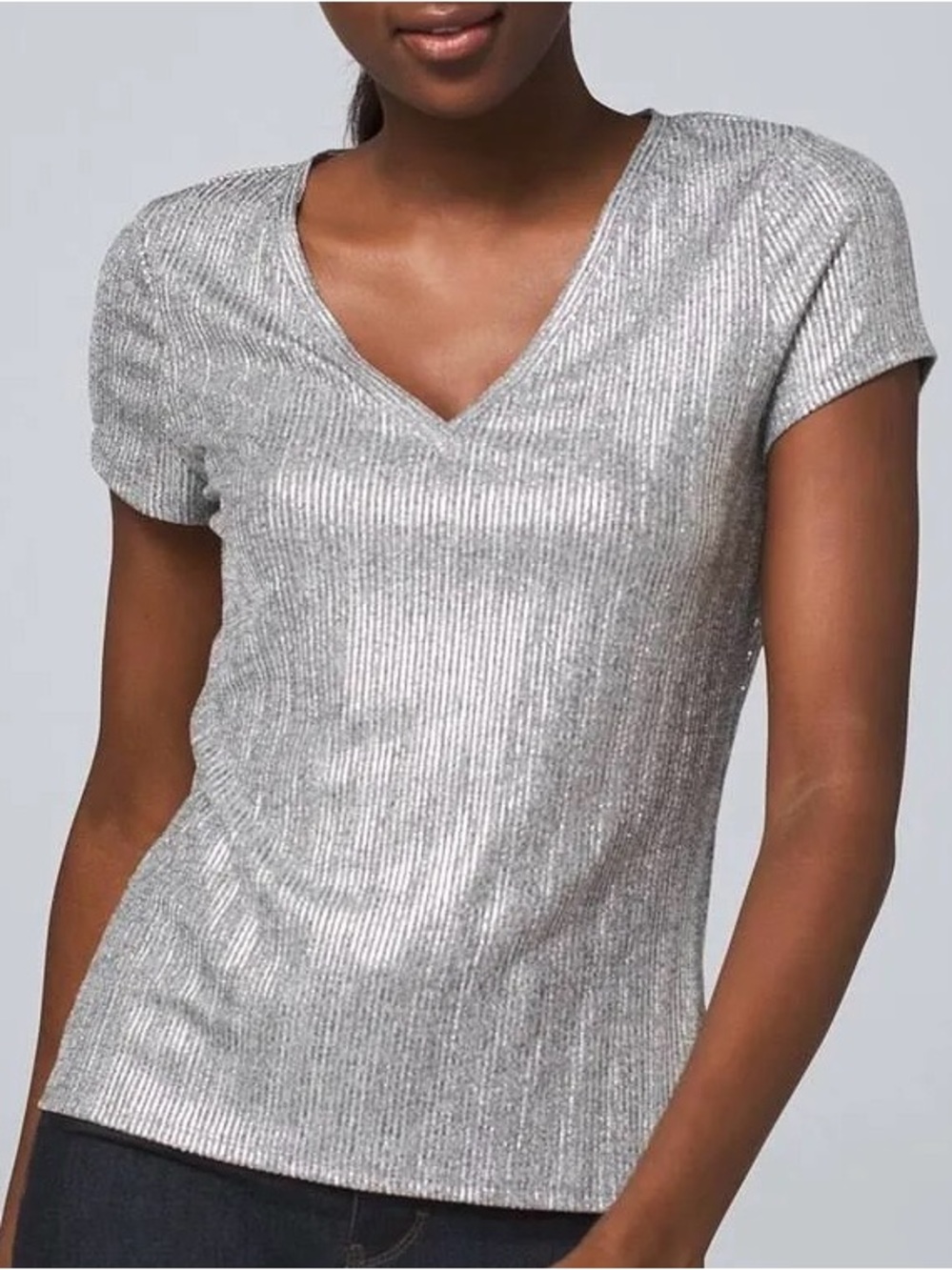 WHBM Shimmery Silver V-Neck Short Sleeve Ribbed Knit Women’s Blouse XS